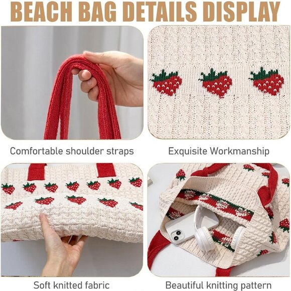 Cute Strawberry Pattern Tote Bag Crochet Tote Bag Shoulder Bag Handbags Knitting - Picture 3 of 6